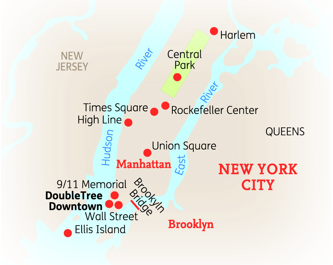 Karte von New York City mit wichtigen Sehenswürdigkeiten und Stadtteilen, einschließlich Central Park und Brooklyn.