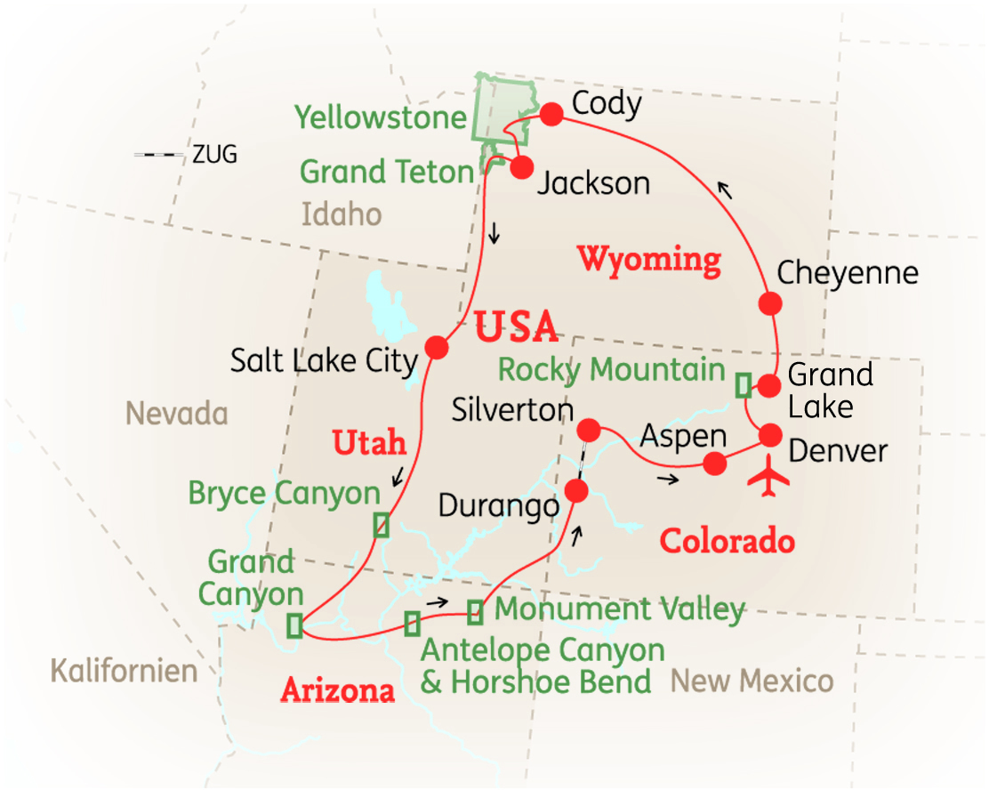 Karte der USA mit Nationalparks und wichtigen Städten wie Yellowstone, Grand Canyon und Denver.