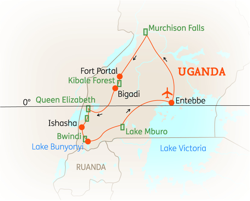 Karte von Uganda mit wichtigen Orten wie Murchison Falls und Lake Mburo in einem klaren Design.