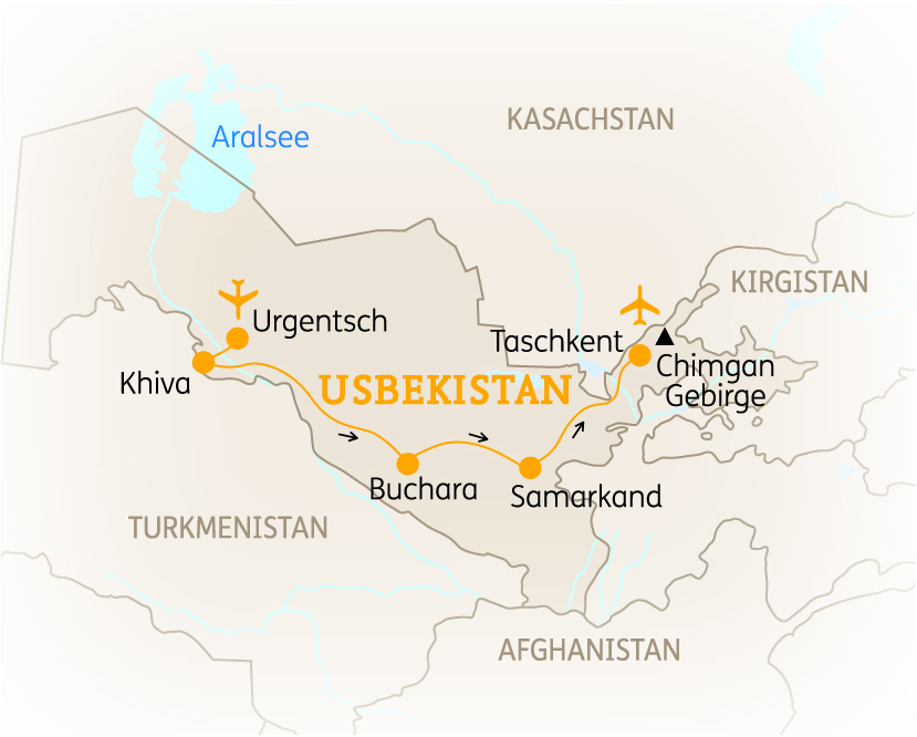 Karte von Usbekistan mit wichtigen Städten und geografischen Merkmalen, einschließlich Taschkent und dem Aralsee.