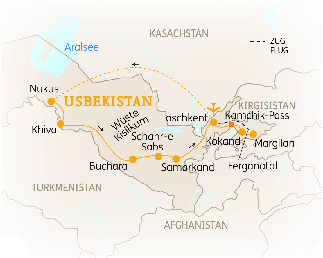 Karte von Usbekistan mit wichtigen Städten und Routen für Reisen durch das Land.