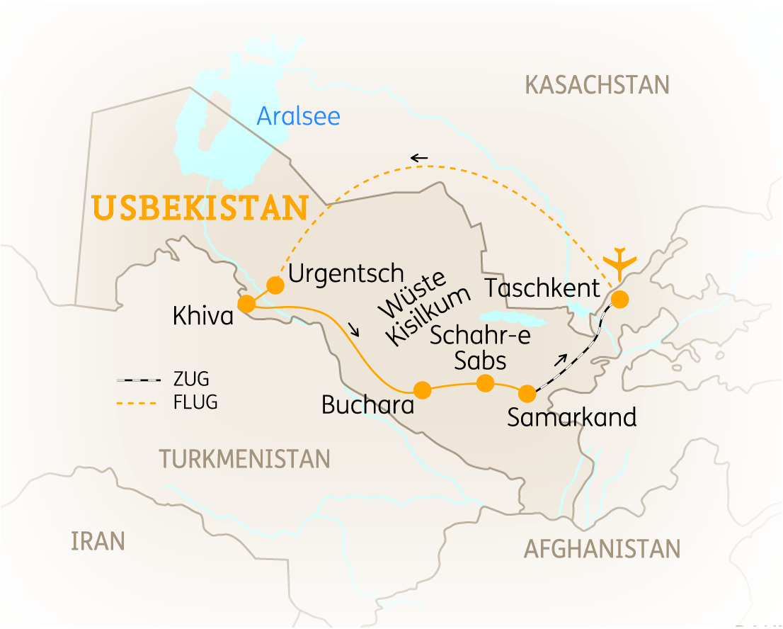 Karte von Usbekistan mit wichtigen Städten und Routen für Reisen, einschließlich Taschkent und Samarkand.