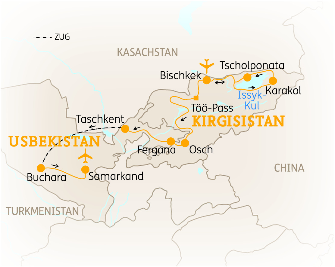Karte von Usbekistan und Kirgistan mit Städten und Sehenswürdigkeiten, darunter Bischkek, Samarkand und Buchara.