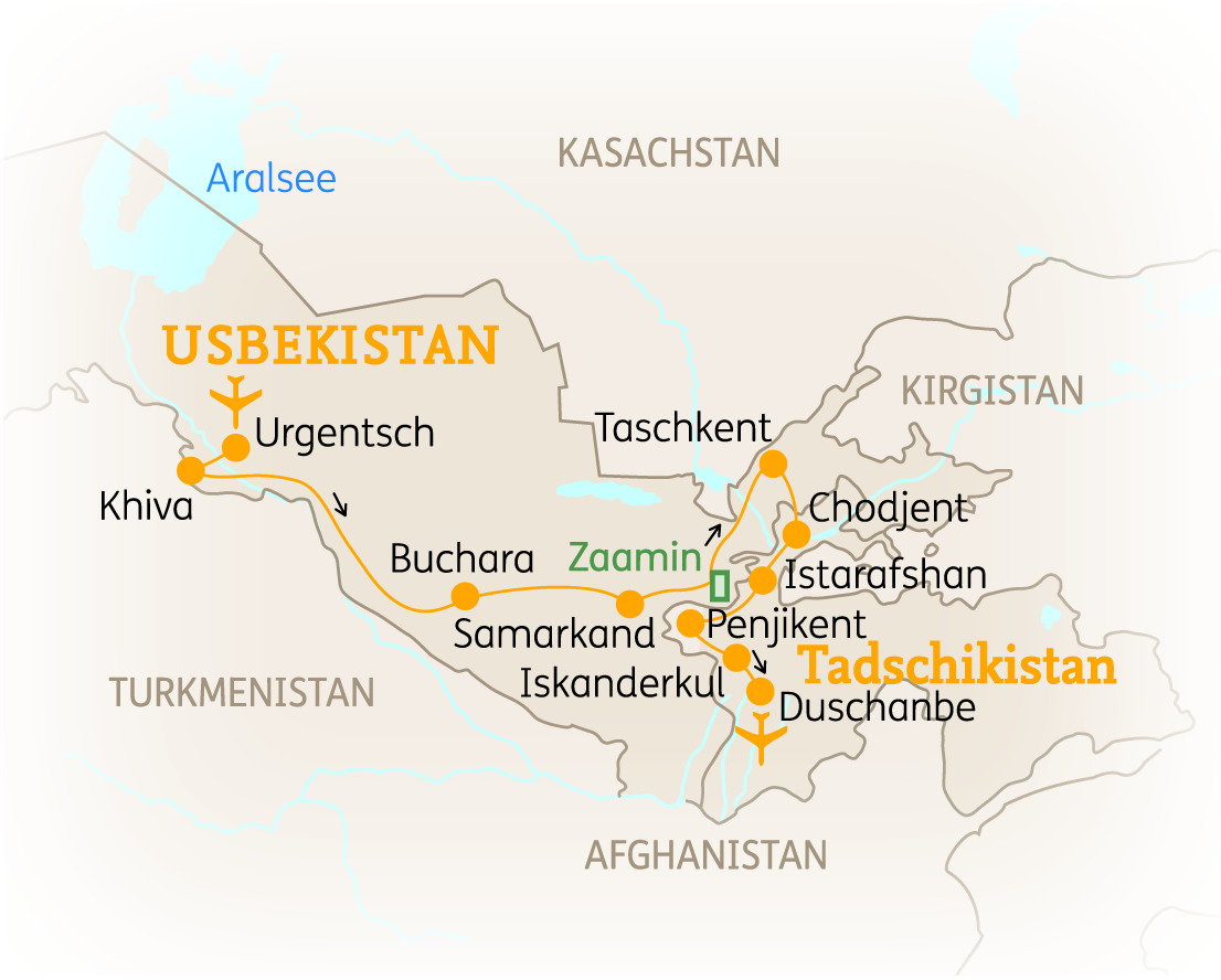 Karte von Usbekistan und Tadschikistan mit wichtigen Städten und Routen.