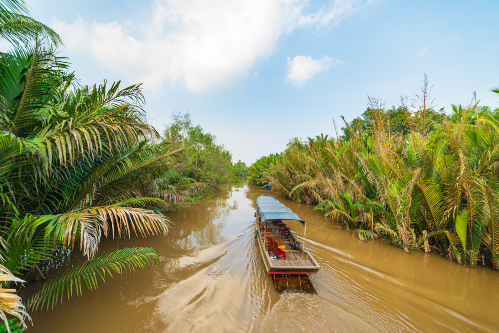 Ein Boot fährt durch den Mekong Delta, umgeben von üppiger Vegetation und Wasser.