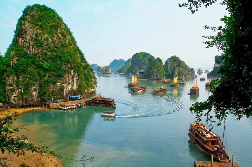Schöne Aussicht auf die Ha Long Bucht mit traditionellen Booten und grünen Felsen im Wasser.