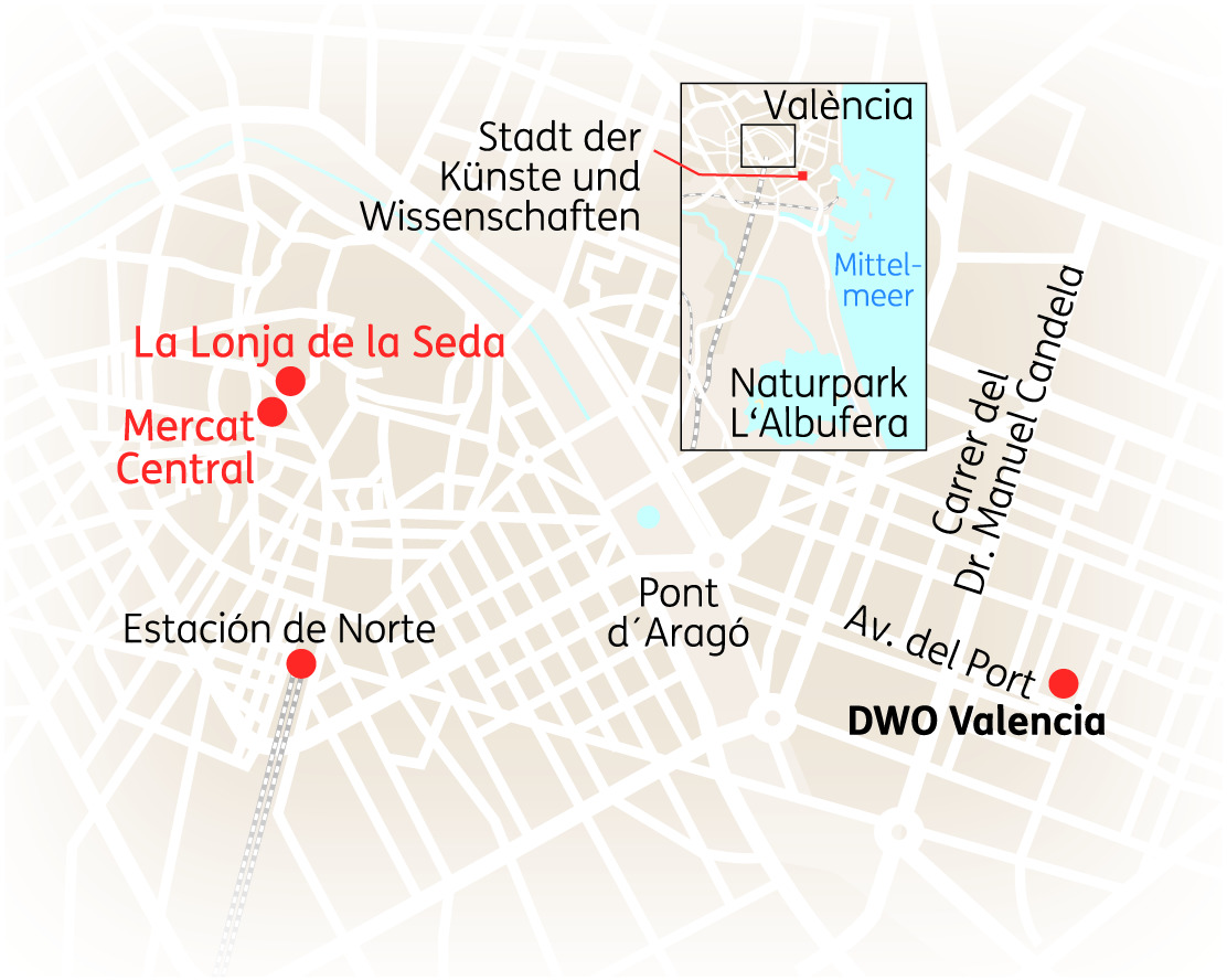 Karte von Valencia mit wichtigen Sehenswürdigkeiten wie La Lonja de la Seda und Mercat Central.