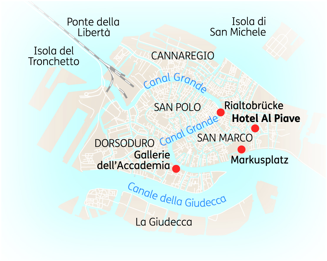 Karte von Venedig mit wichtigen Sehenswürdigkeiten wie dem Markusplatz und dem Hotel Al Piave.