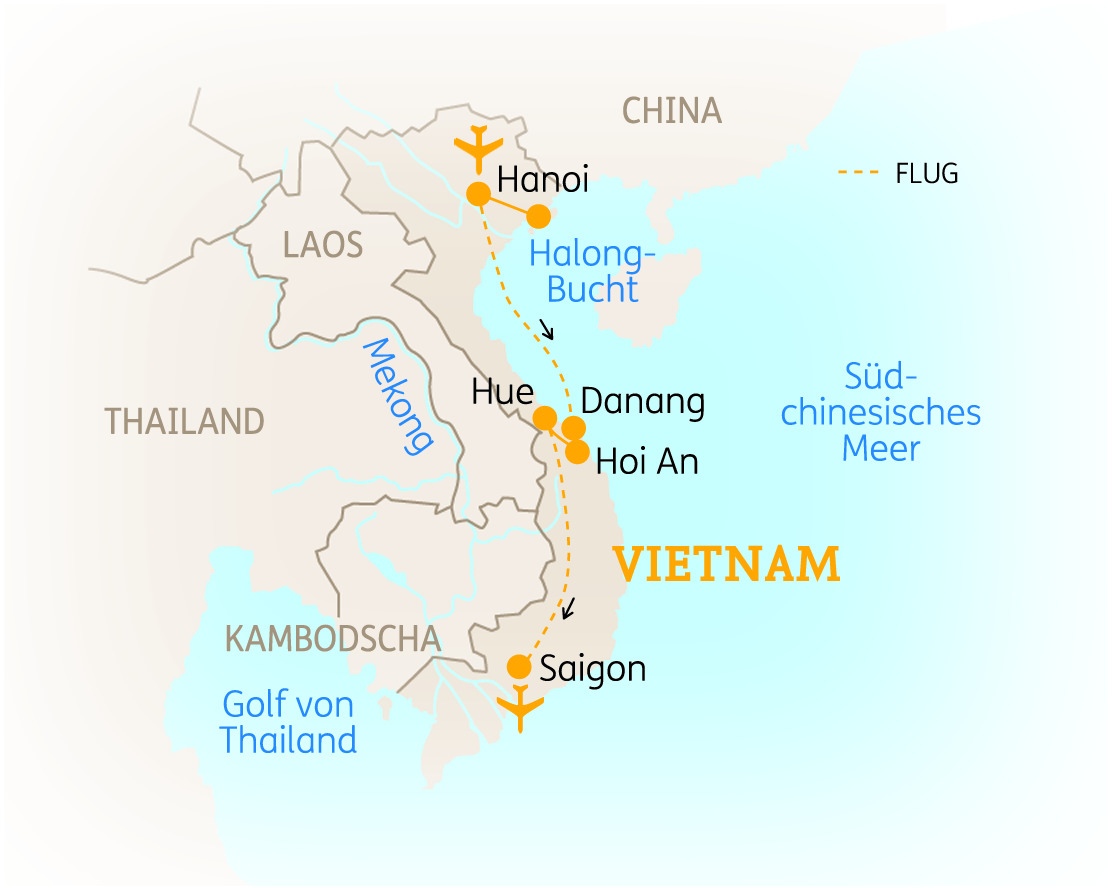 Karte von Vietnam mit wichtigen Städten und Flugverbindungen, einschließlich Hanoi, Saigon und Danang.