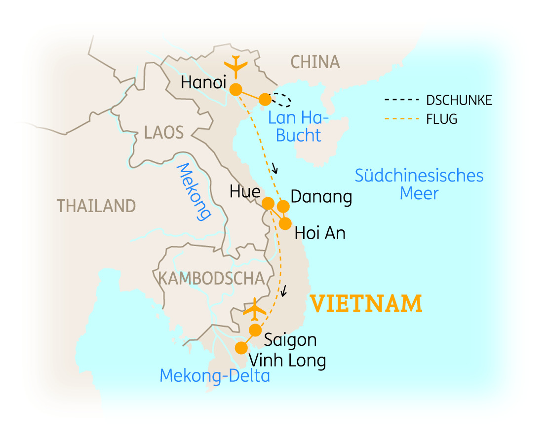 Karte von Vietnam mit wichtigen Städten und Reiseverbindungen, einschließlich Hanoi, Hue und Ho Chi Minh Stadt.