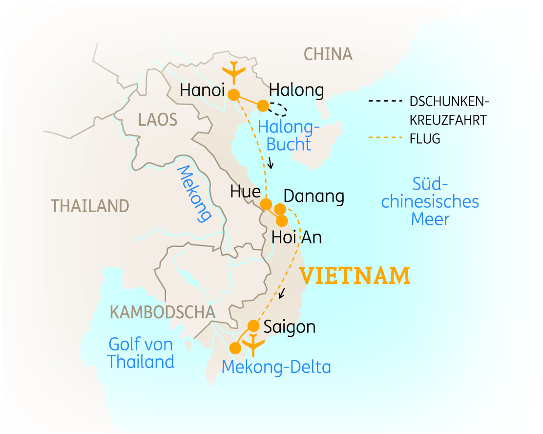 Karte von Vietnam mit wichtigen Städten und Routen, einschließlich Hanoi, Saigon und dem Mekong-Delta.