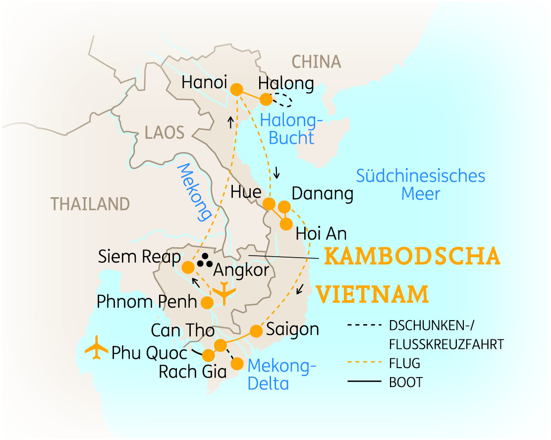 Karte von Vietnam und Kambodscha mit wichtigen Städten und Routen für Reisen und Touren.