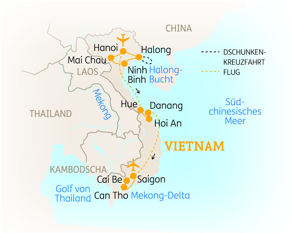 Karte von Vietnam mit wichtigen Städten und Routen, einschließlich Hanoi, Saigon und dem Mekong-Delta.