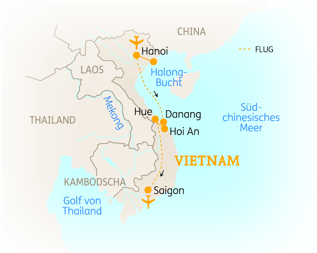 Karte von Vietnam mit wichtigen Städten und Flugverbindungen, einschließlich Hanoi, Hoi An und Saigon.
