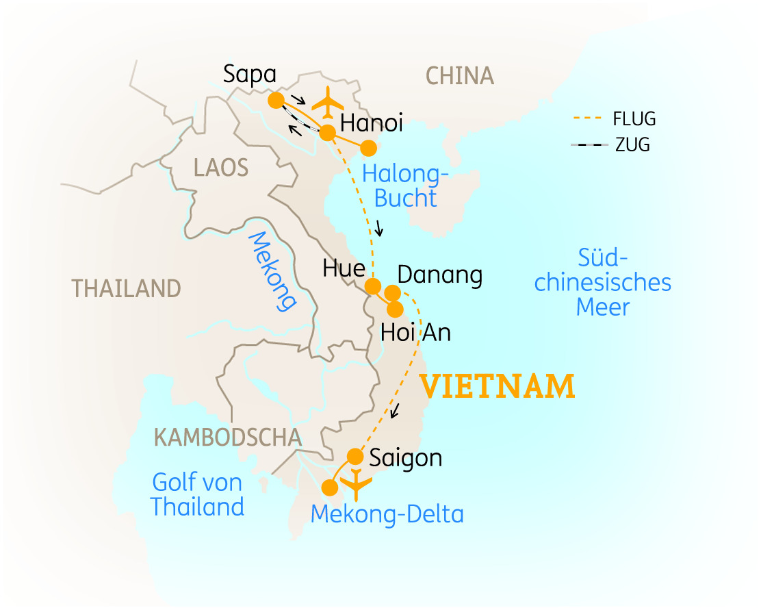 Karte von Vietnam mit wichtigen Städten und Transportwegen, einschließlich Hanoi, Saigon und Hoi An.