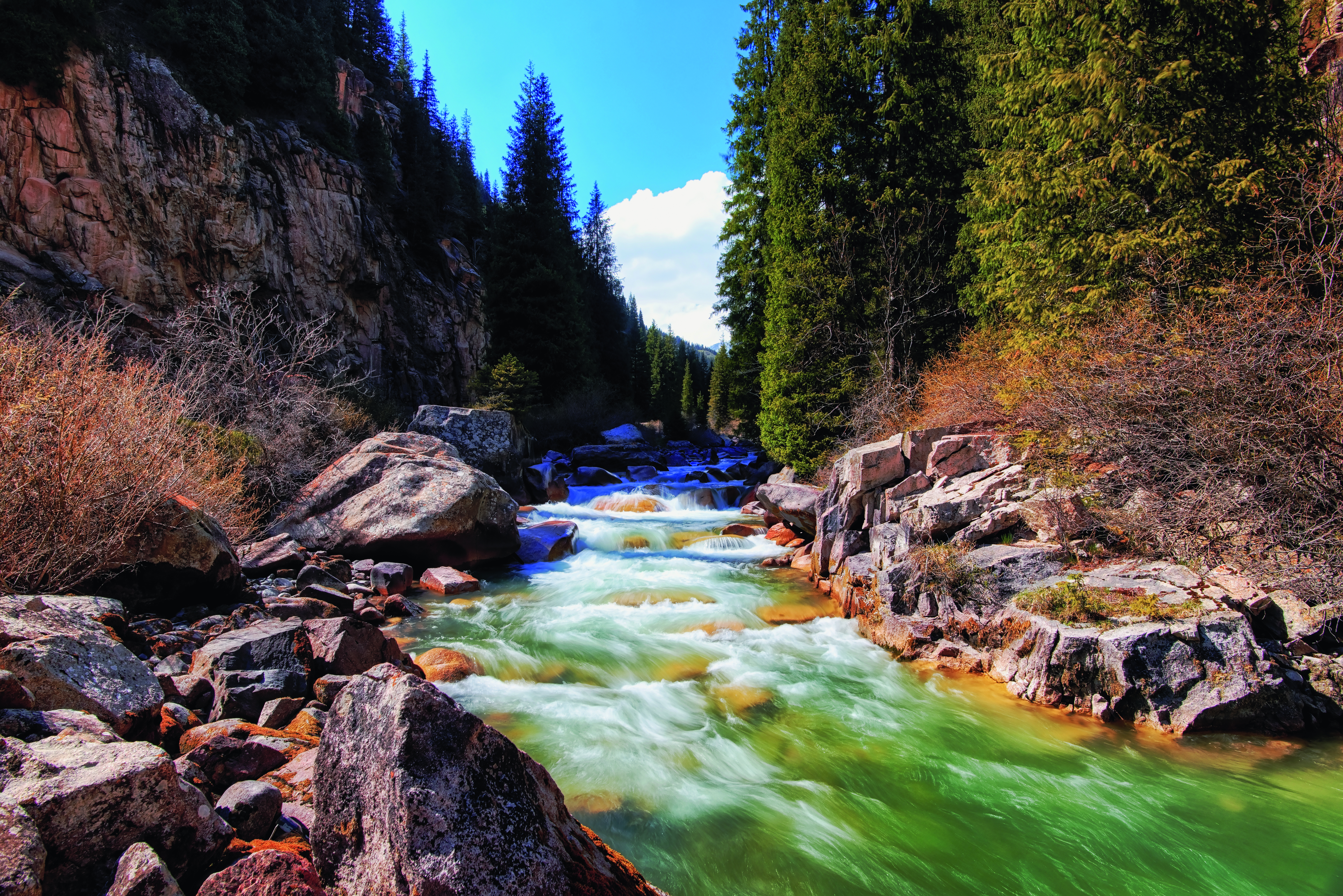 Ein klarer Fluss fließt durch eine felsige Landschaft mit grünen Wasser und umgeben von Bäumen.