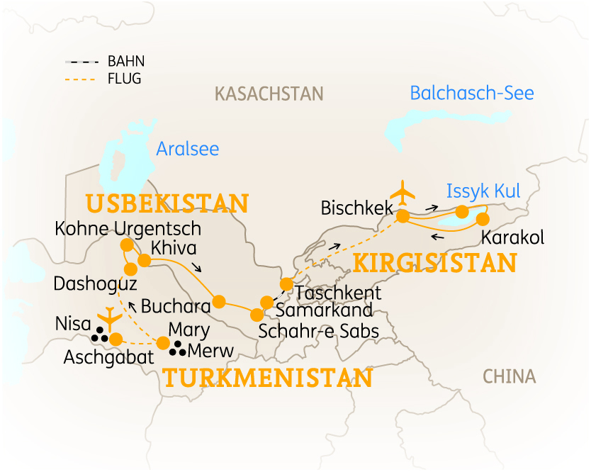 Karte von Zentralasien mit Routen durch Usbekistan, Kirgistan und Turkmenistan sowie wichtigen Seen.