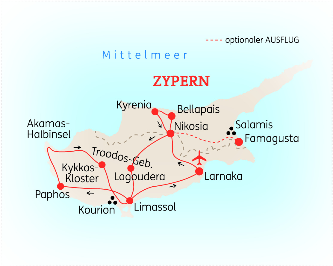 Karte von Zypern mit wichtigen Städten und Sehenswürdigkeiten, einschließlich Kyrenia, Nicosia und Paphos.