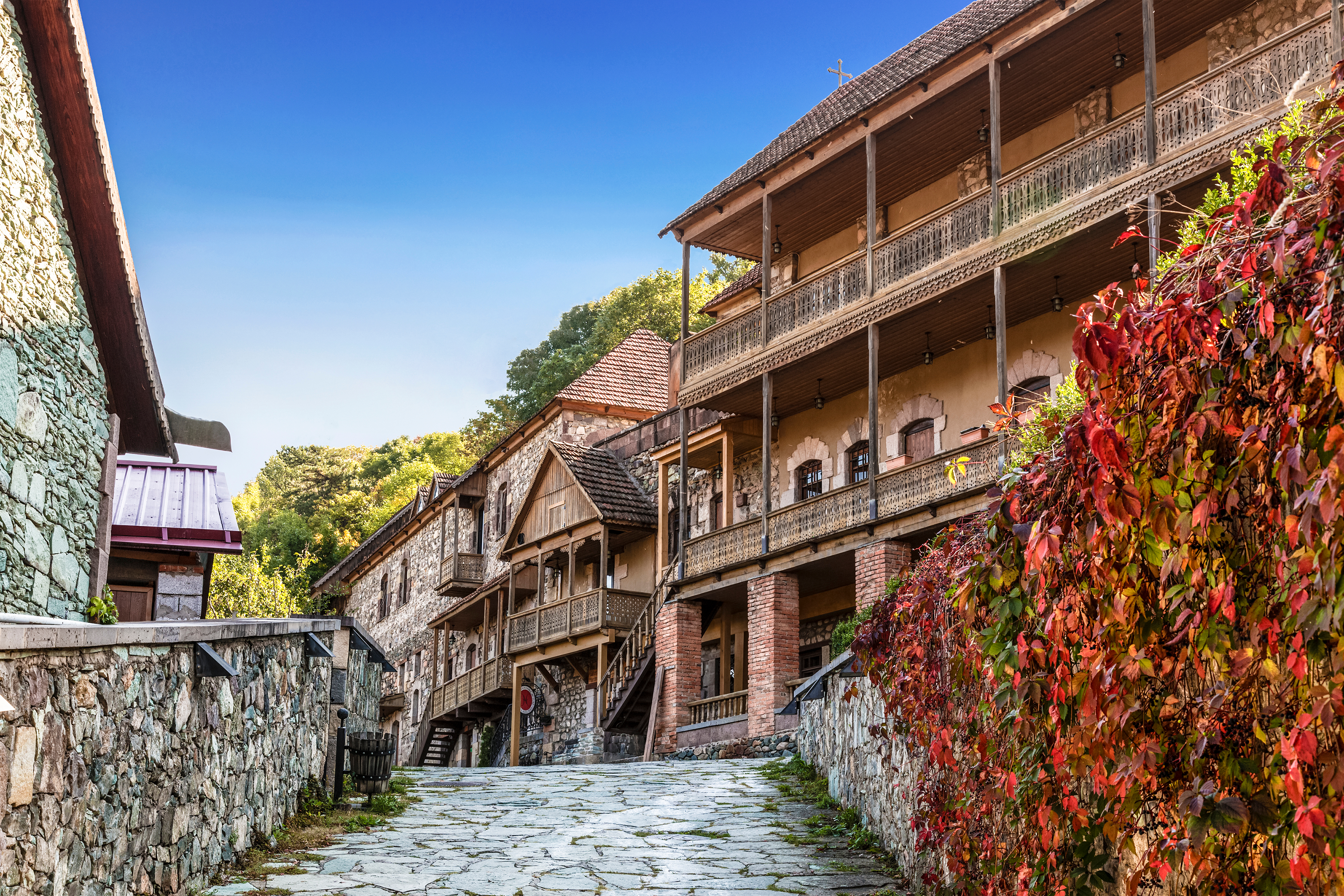 Steinerne Gebäude mit Balkonen und buntem Laub entlang einer gepflasterten Straße.
