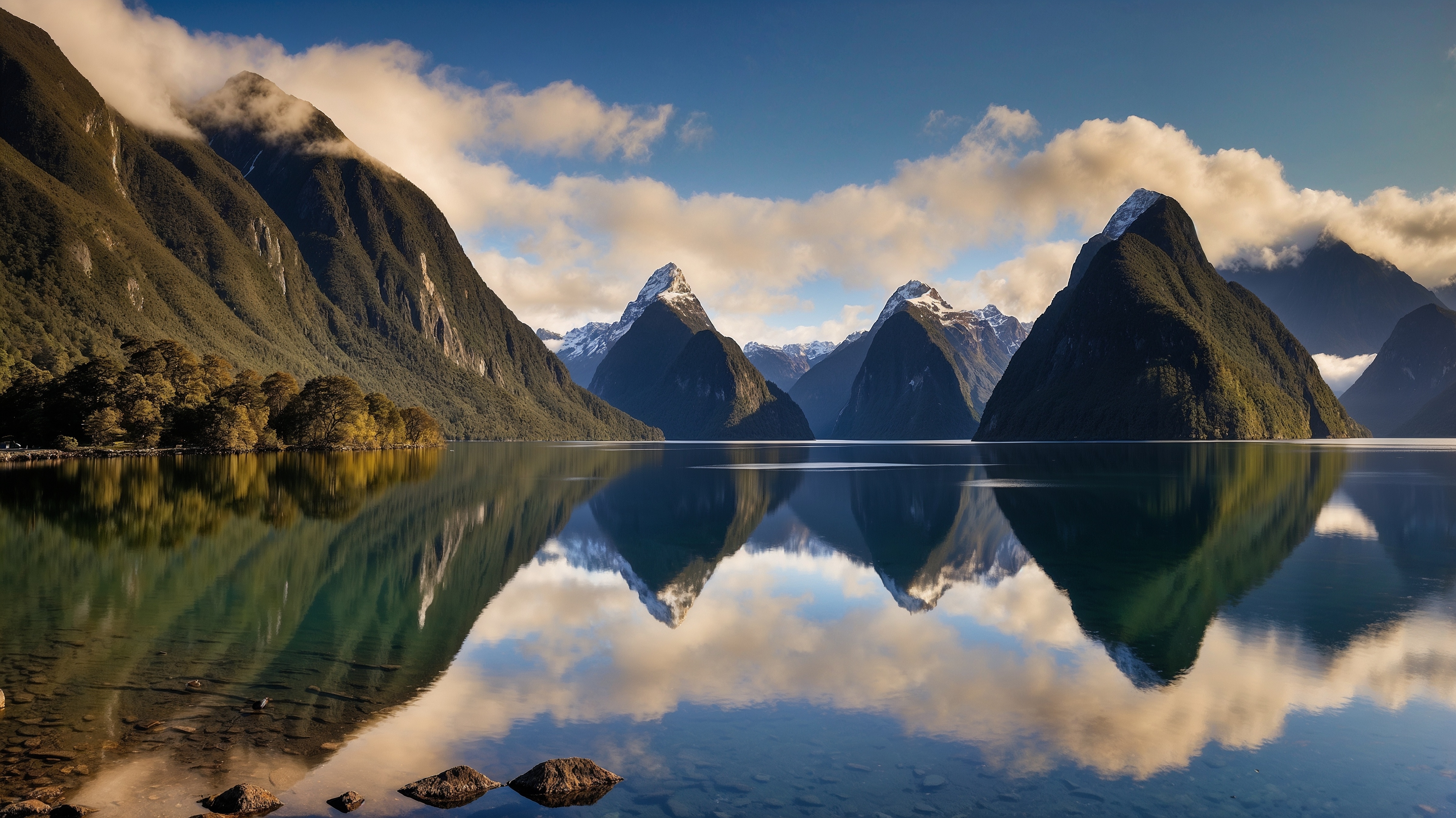 Berglandschaft mit spiegelndem Wasser und Wolken über den Gipfeln in Neuseeland.
