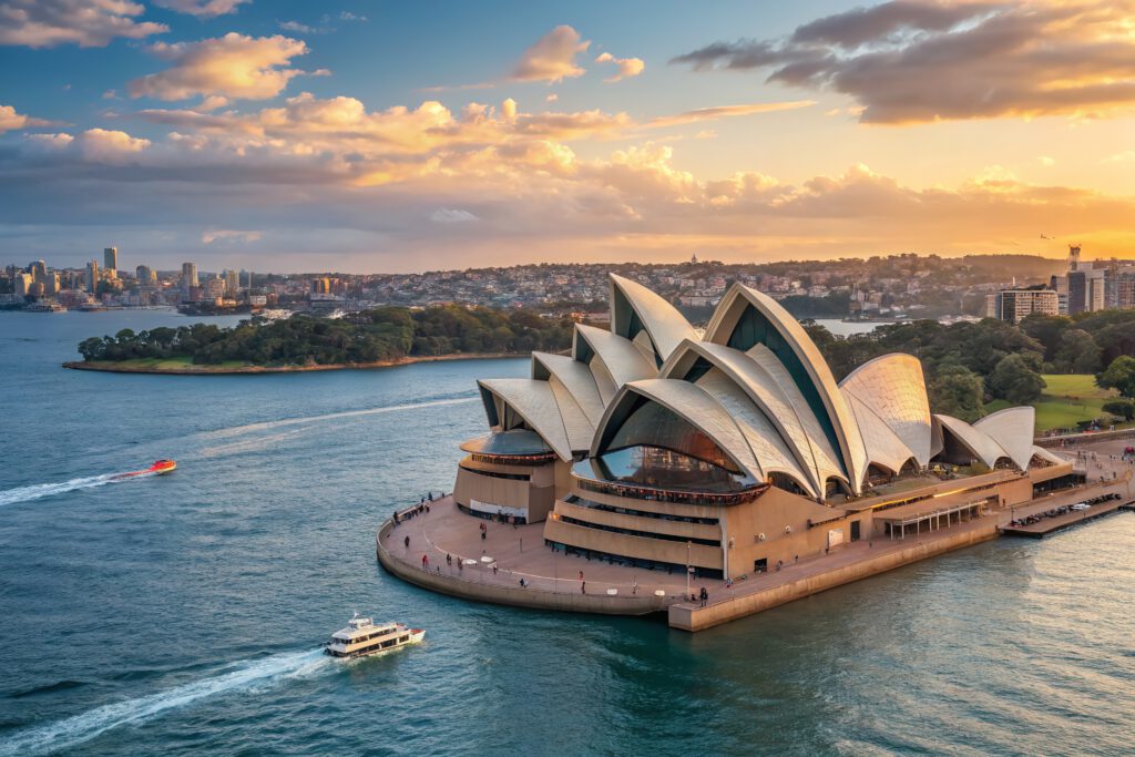 Sydney Opera House mit markanten Segelstrukturen, umgeben von Wasser und einem klaren Himmel.