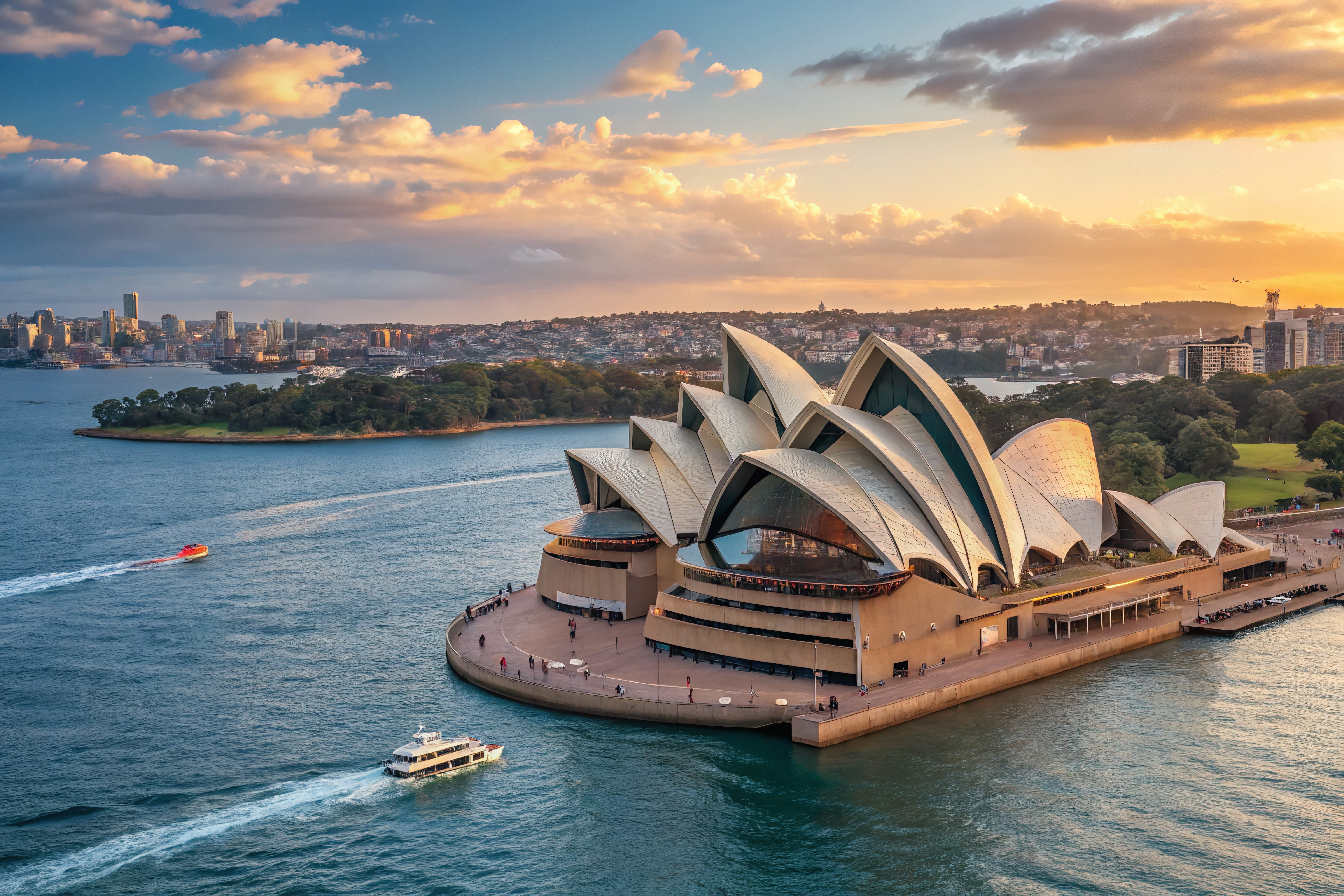 Sydney Opera House mit markanten Segelstrukturen, umgeben von Wasser und einem klaren Himmel.